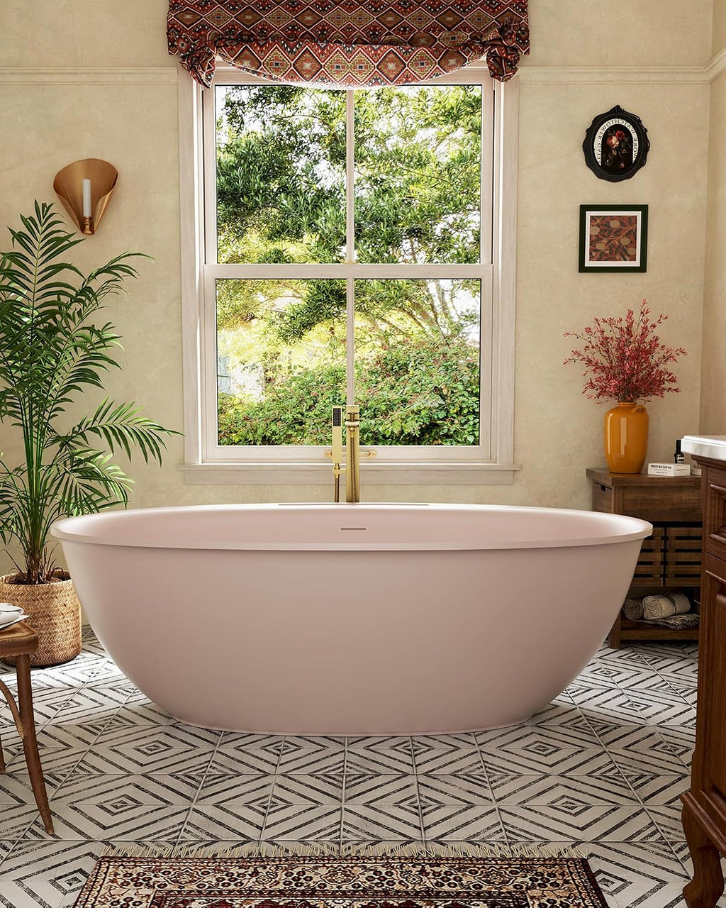 CASAINC 67' Solid Surface Free Standing Tub Blush Beige Stone Resin Freestanding Bathtub Soaking Tub with Drain, Drain Hose & Sanding Paper