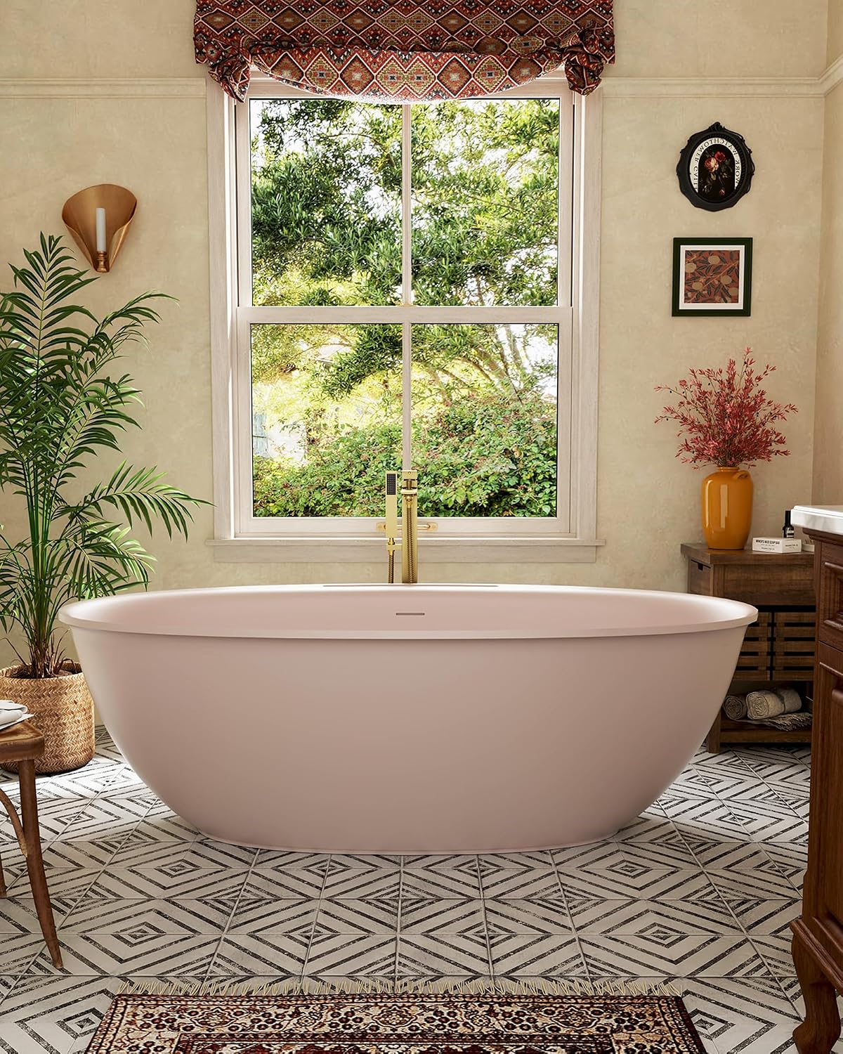 CASAINC 67' Solid Surface Free Standing Tub Blush Beige Stone Resin Freestanding Bathtub Soaking Tub with Drain, Drain Hose & Sanding Paper