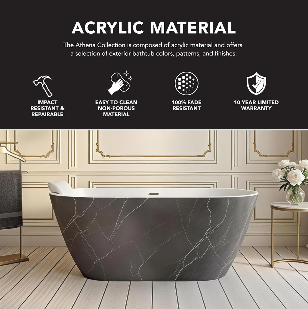 Transolid Finley 59 in. x 28.75 in. Freestanding Soaking Acrylic Bathtub with Center Drain in Gloss Two-Tone Marble Grey and White with Pillow K-AFTF5929-G31M40