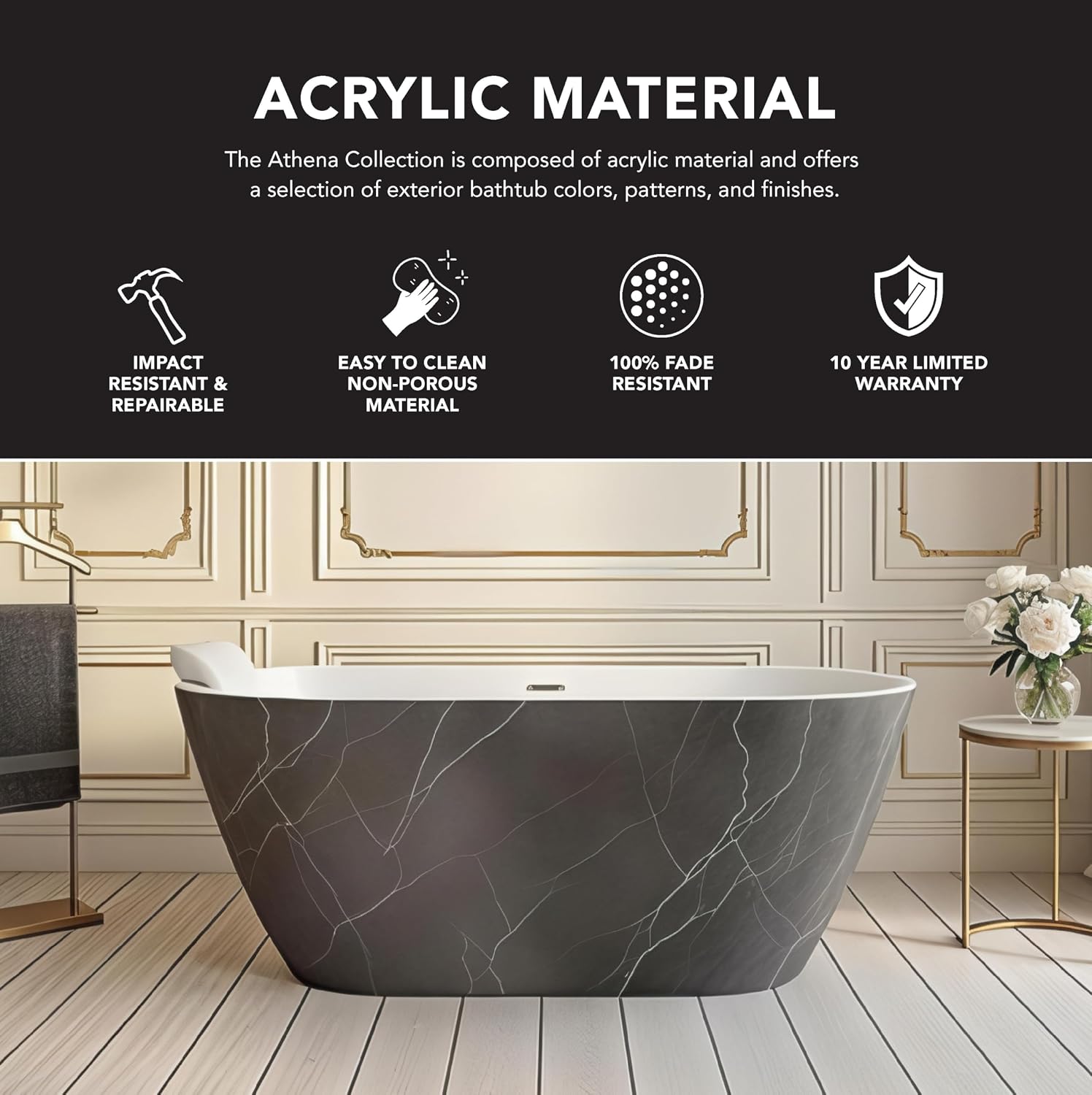 Transolid Finley 59 in. x 28.75 in. Freestanding Soaking Acrylic Bathtub with Center Drain in Gloss Two-Tone Marble Grey and White with Pillow K-AFTF5929-G31M40