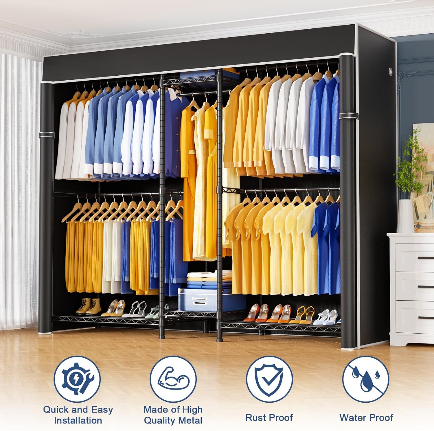 Ulif E12C and E13C Heavy Duty Closet Organizer System, Freestanding Clothing Racks for Hanging Clothes，Adjustable Garment Rack, Black Clothing Rack with Black Dustproof Cover