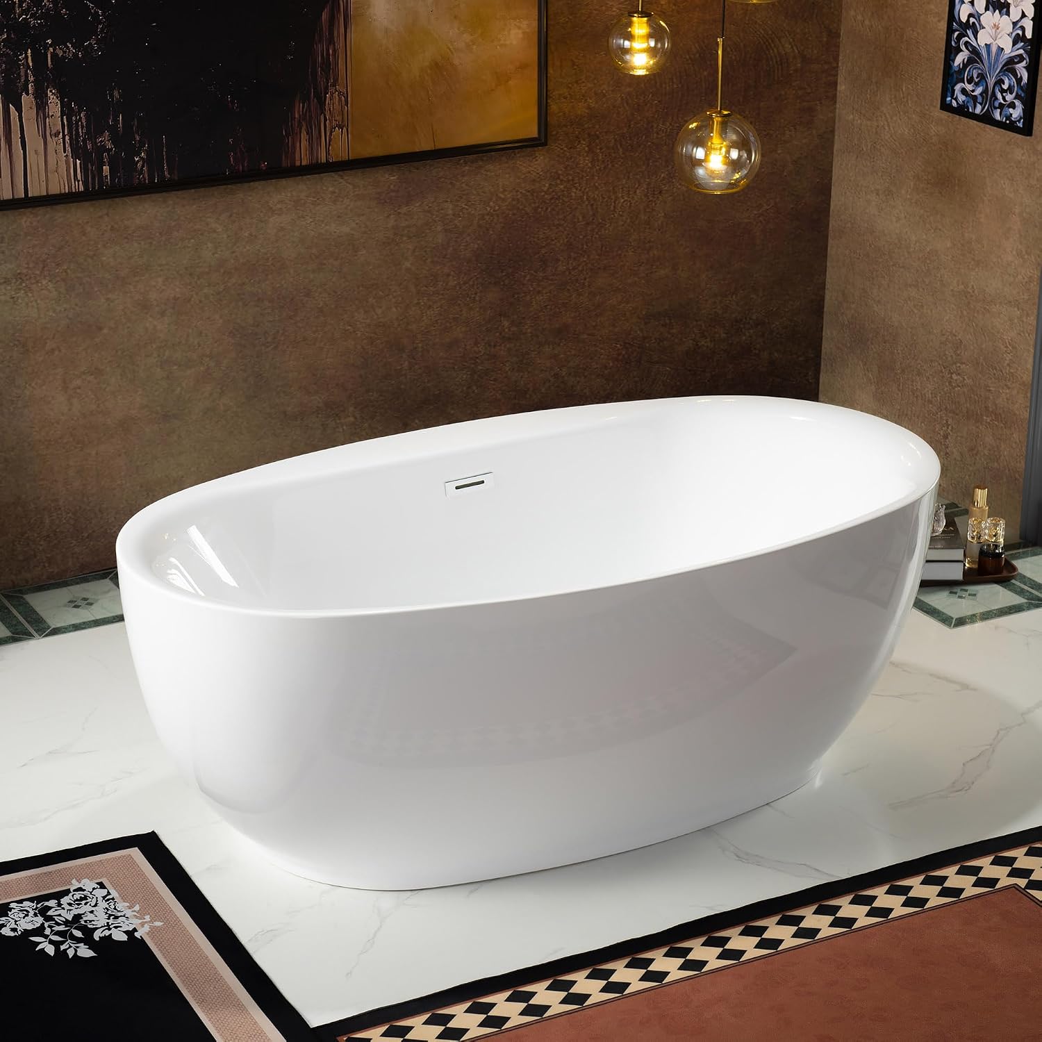 WOODBRIDGE 66' Acrylic Freestanding Bathtub Contemporary Soaking White Tub with Chrome Overflow and Drain，B0027-C