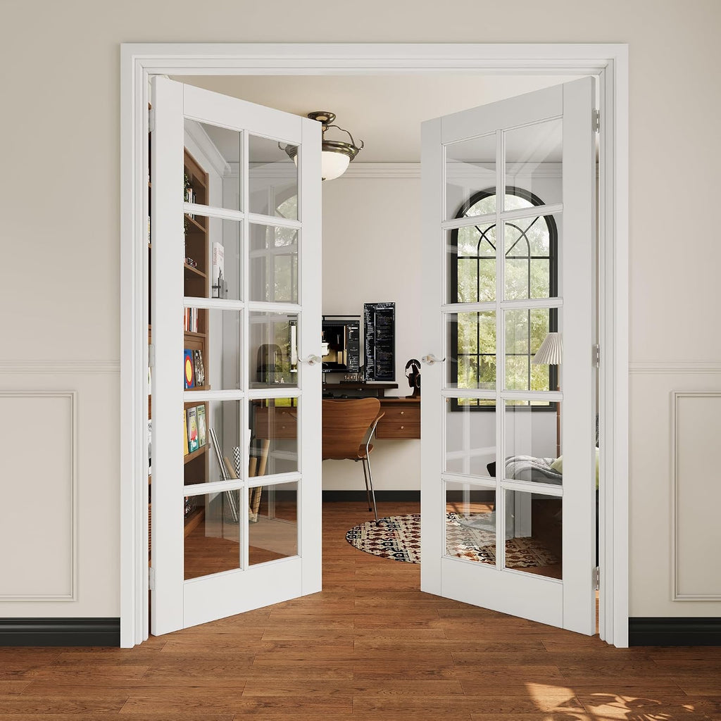 French Door 60' x 80' (Double 30' x 80') 10-Lite Clear Glass Door Slabs with Pre-Hung Jamb, Silver Hinges, Levers and Latch, White Primed, French Interior Doors with Frame, Swing Double Bedroom Doors