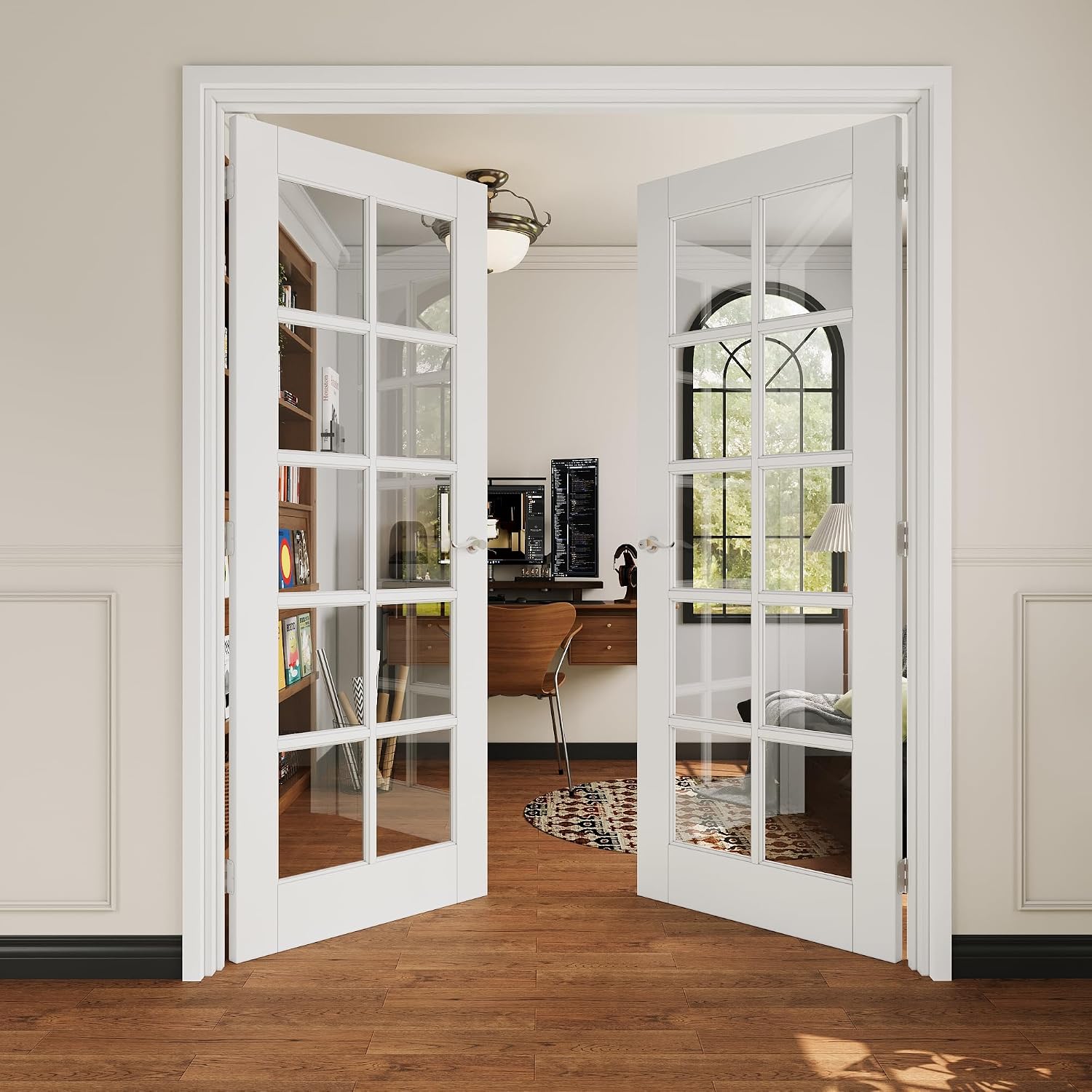French Door 64' x 80' (Double 32' x 80') 10-Lite Clear Glass Door Slabs with Pre-Hung Jamb, Silver Hinges, Levers and Latch, White Primed, French Interior Doors with Frame, Swing Double Bedroom Doors