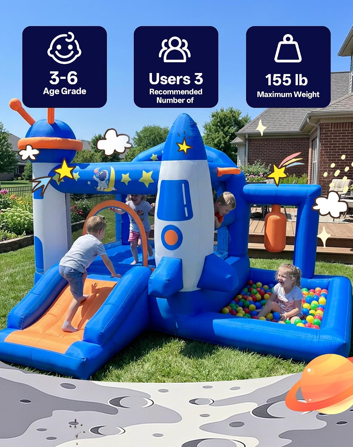 Kid Bounce House, Space Rocket Theme Inflatable Bounce House for 3-6 with 370W Blower, Basketball Hoop, Slide, Ball Pit (Balls Not Included), Storage Bag, Bouncy Castle for Indoor Outdoor Use