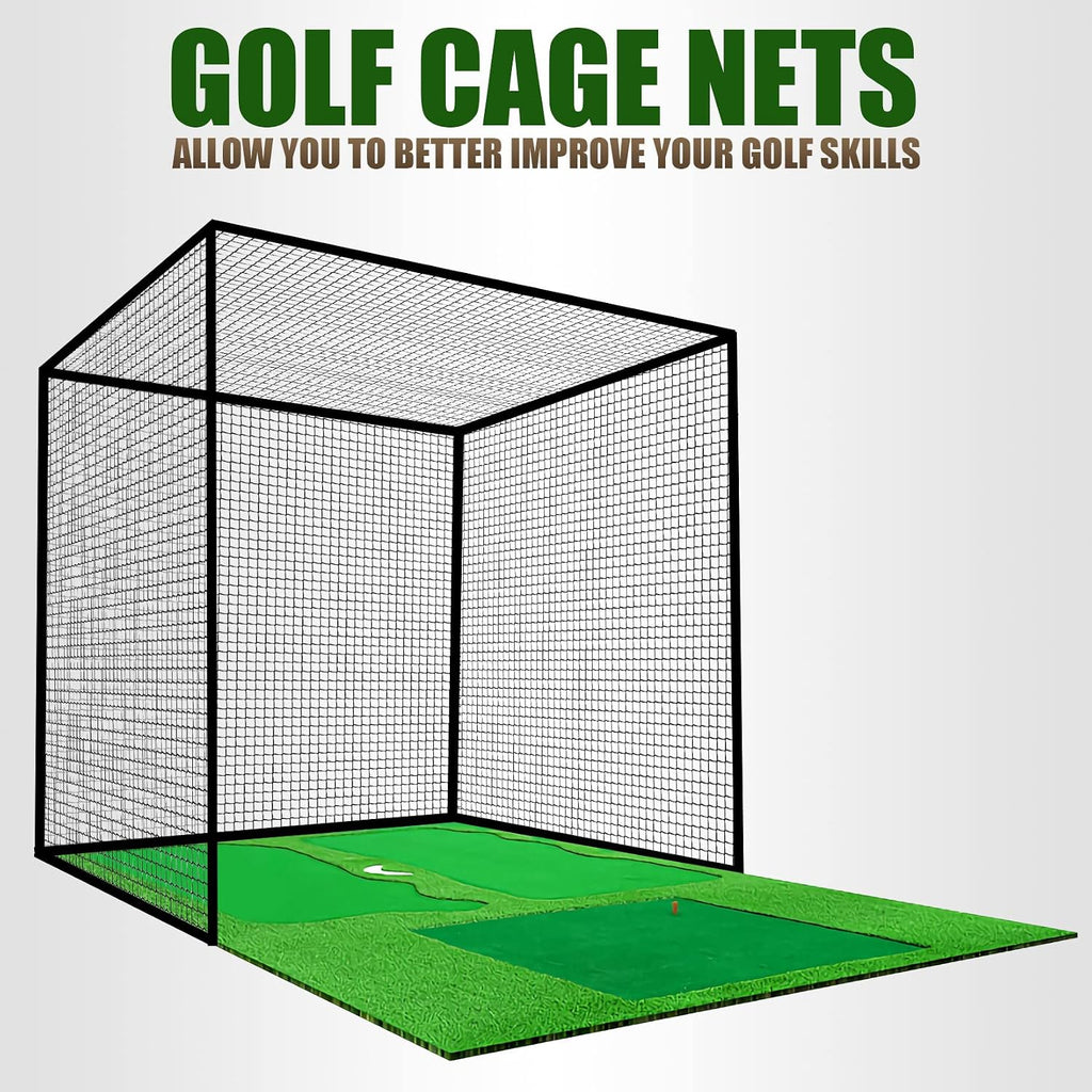 Golf Batting Cage Netting Golf Practice Nets, 10ft x 10ft x 10ft Frame NOT Included, with 4 Carabiners and 2 Tie Rope, for Backyard, Black