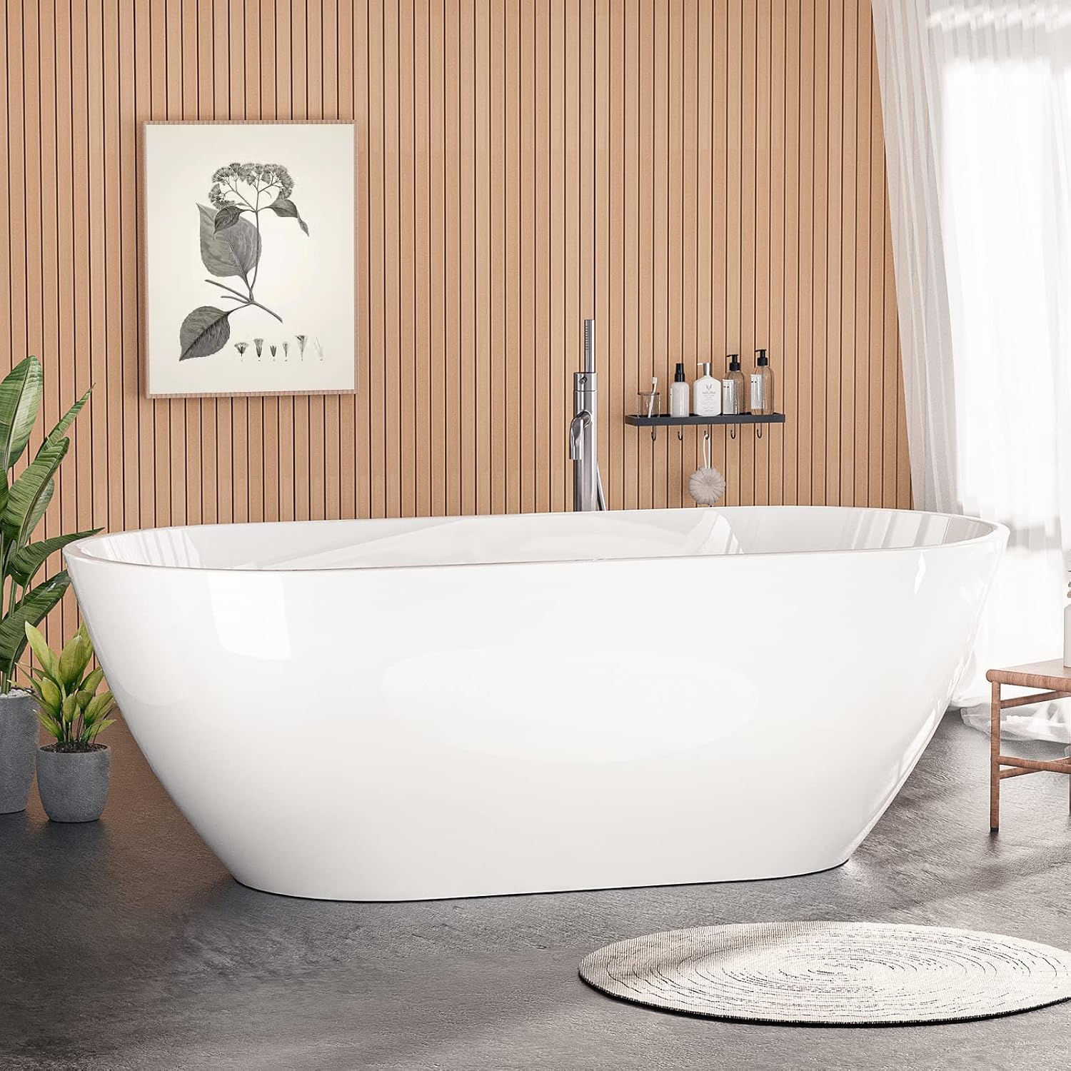 Zevemomo 63 inch Freestanding Bathtub, Acrylic Free Standing Soaking Bathroom Tub with Brushed Nickel-Finished Overflow and Anti-Clogging Drain, Easy Installation, White