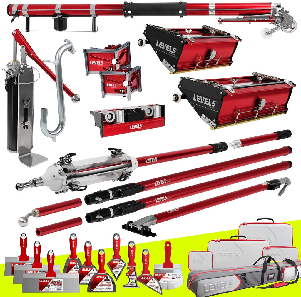 Full Drywall Taping and Finishing Set - LEVEL5 | Automatic Taper, 10'/12' Flat Boxes, 3'/3.5' Angle Heads, MiniShot, Corner Roller, Extendable Handles, Pump, Gooseneck | 4-681