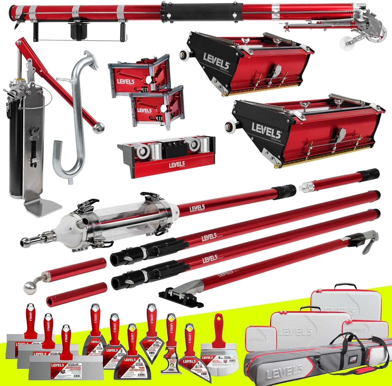 Full Drywall Taping and Finishing Set - LEVEL5 | Automatic Taper, 10'/12' Flat Boxes, 3'/3.5' Angle Heads, MiniShot, Corner Roller, Extendable Handles, Pump, Gooseneck | 4-681