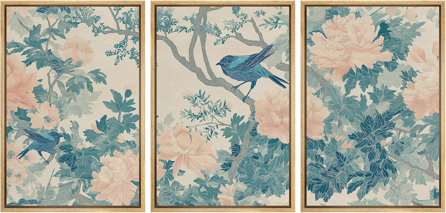 wall26 Framed Print Wall Art Set Elegant Blue Bird and Peony Floral Pattern Decorative Minimal Relax/Zen for Living Room, Bedroom, Office - 16'x24'x3 NATURAL