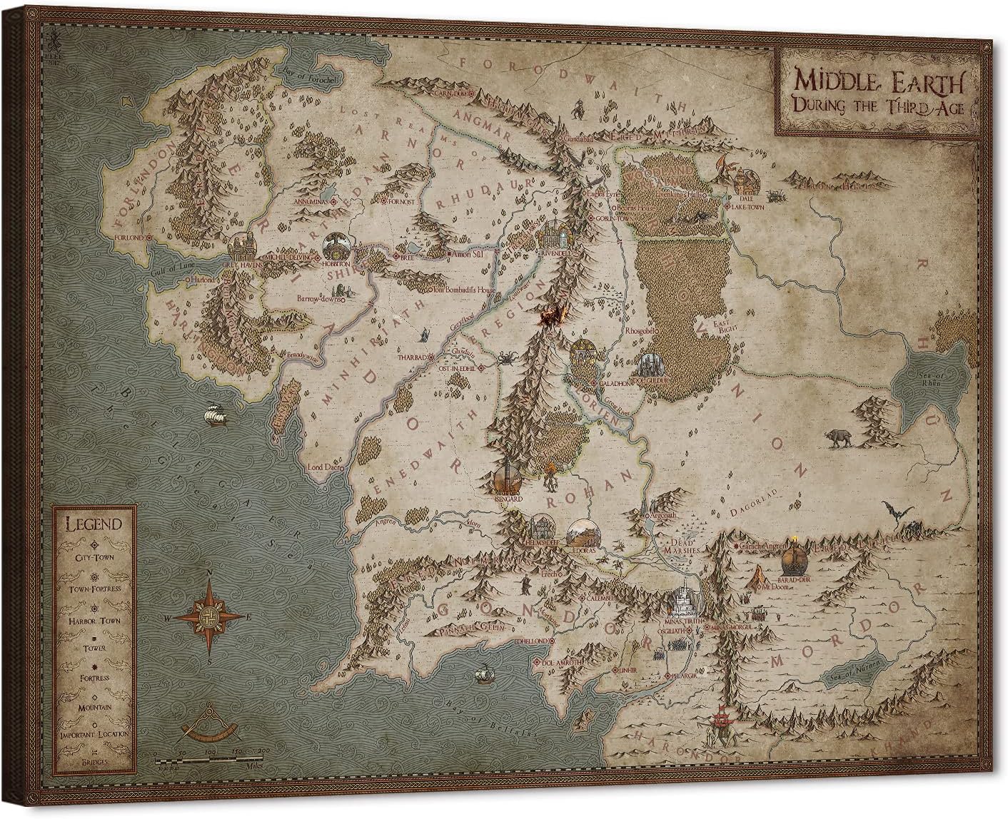 Middle Earth Map Canvas Wall Art Movie Map HD Print - Retro Middle EarthMap Canvas Painting for Home Wall Decor, Vintage Movie WorldMap Poster Framed Artwork for Home Office Decor (32'Hx48'W)