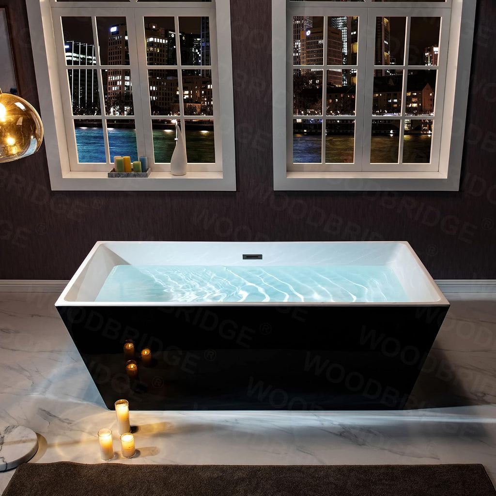 WOODBRIDGE 67' Acrylic Freestanding Bathtub Contemporary Soaking Black Tub with Matte Black Overflow and Drain，BTA1812-MB