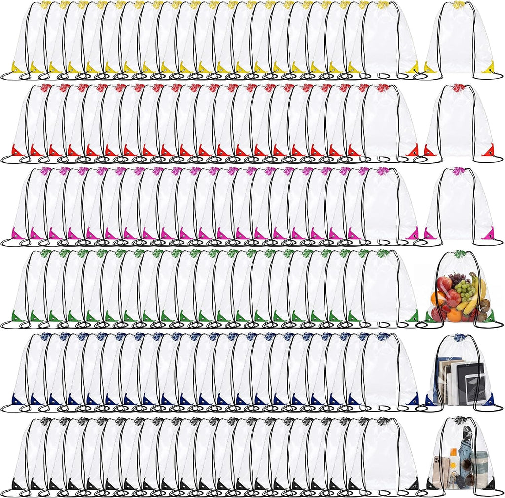 Shappy 120 Pcs Clear Drawstring Bag Plastic Drawstring Backpack Clear Waterproof PVC Backpack for Stadiums Sporting Events (Black,Red,Yellow,Green,Blue,Purple)