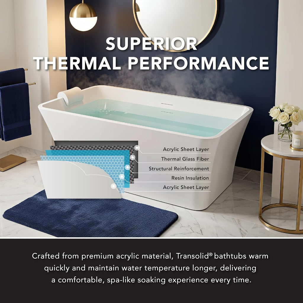 Transolid Lily 59 in. Freestanding Deep Soaking Bathtub | 23 in. Confirmed Soak Depth | Acrylic Flatbottom | Center Drain | Bath Pillow Included | 59 x 30 x 23 in. | Matte White | K-AFTL5930-M31