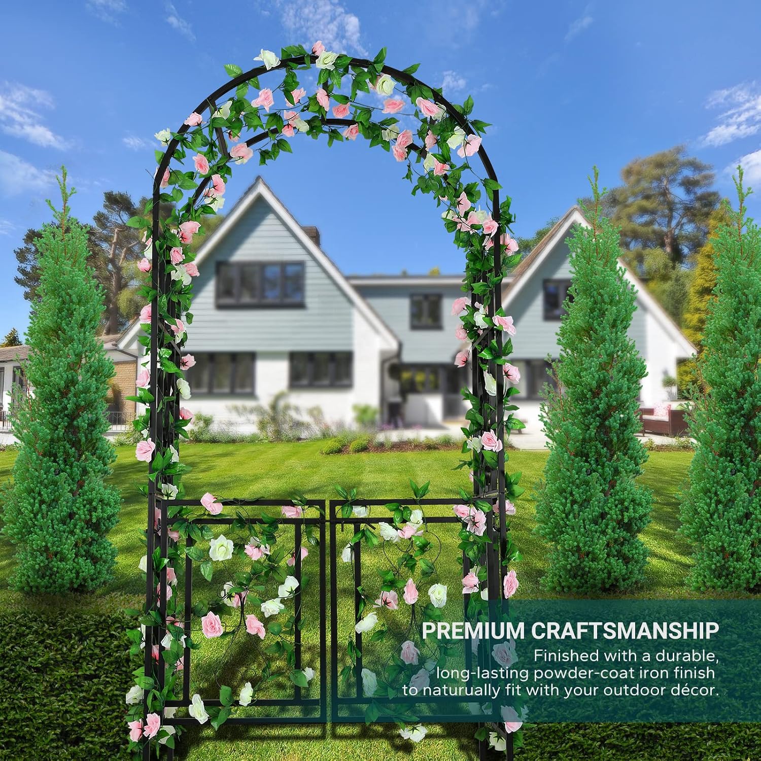 Heavy-Duty Arch with Gate, Iron Arbor Trellis Arbor Archway for Climbing Plants Roses Vines Support Rack, Outdoor Lawn Backyard Patio Wedding Party Ceremony Decoration