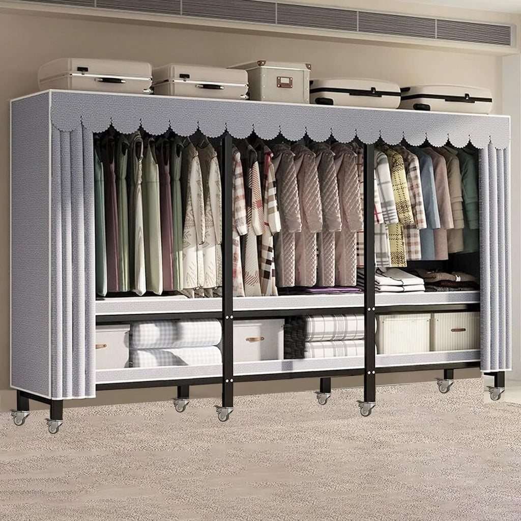 Freestanding Wardrobe Rack with Dust Cover and Wheels,Foldable Heavy-Duty Portable Closet, Multi-Functional Bedroom Clothing Rack,Max Load 1600lbs,for Hanging Clothes (215CM/84.6IN)