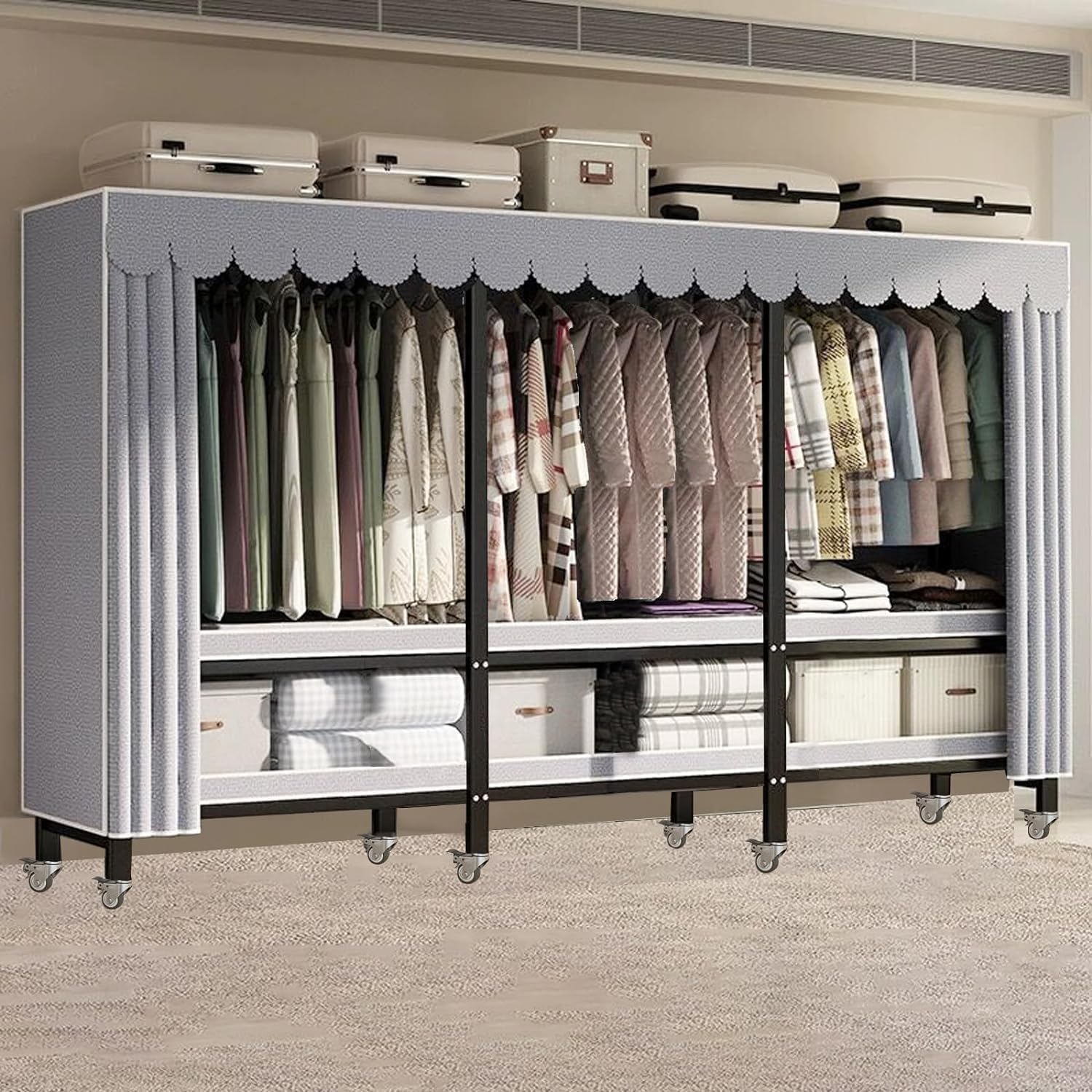 Freestanding Wardrobe Rack with Dust Cover and Wheels,Foldable Heavy-Duty Portable Closet, Multi-Functional Bedroom Clothing Rack,Max Load 1600lbs,for Hanging Clothes (215CM/84.6IN)