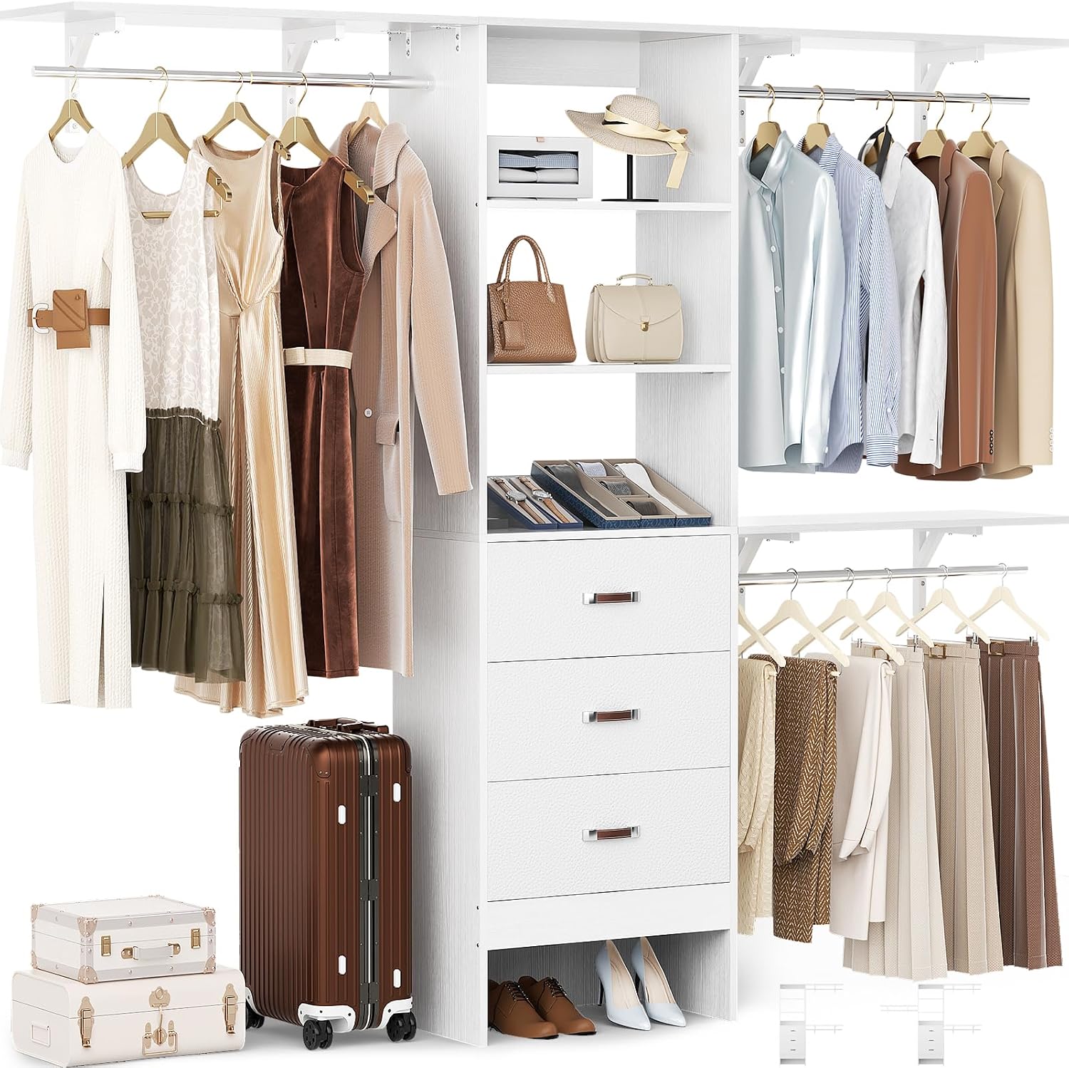 Closet System with 3 Drawers - 8FT Wood Closet Organizer with 3 Shelving Tower & Hanging Rods, 96' Walk-in Wardrobe Closet Organizer System for 4-8FT Spaces, Heavy Duty Garment Clothes Rack, White