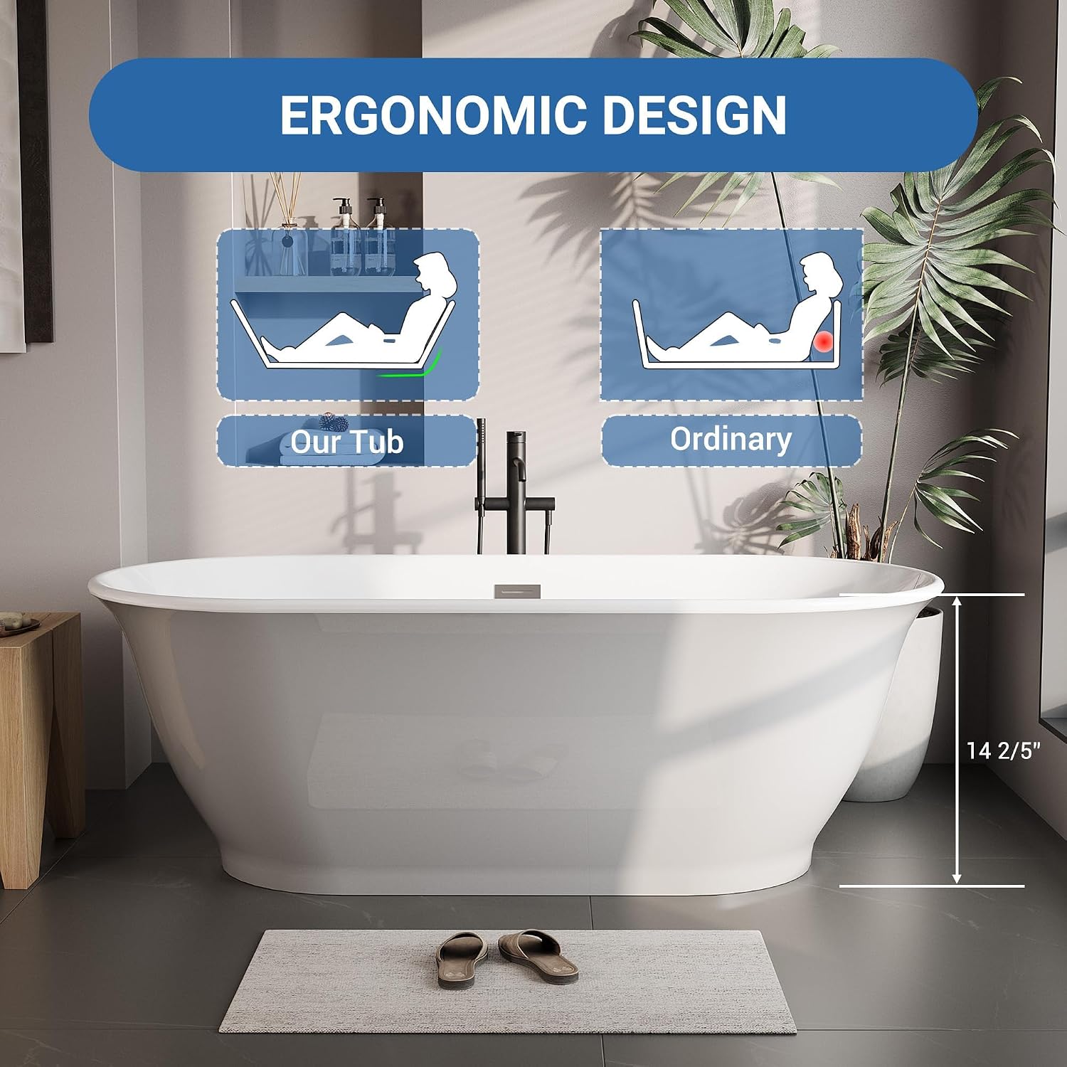 67' Free Standing Tub, Acrylic Soaking Bathtub, Stand Alone Freestanding Tub with Matte Sliver Drain and Overflow, Contemporary Bathtub for Bathroom, Grey