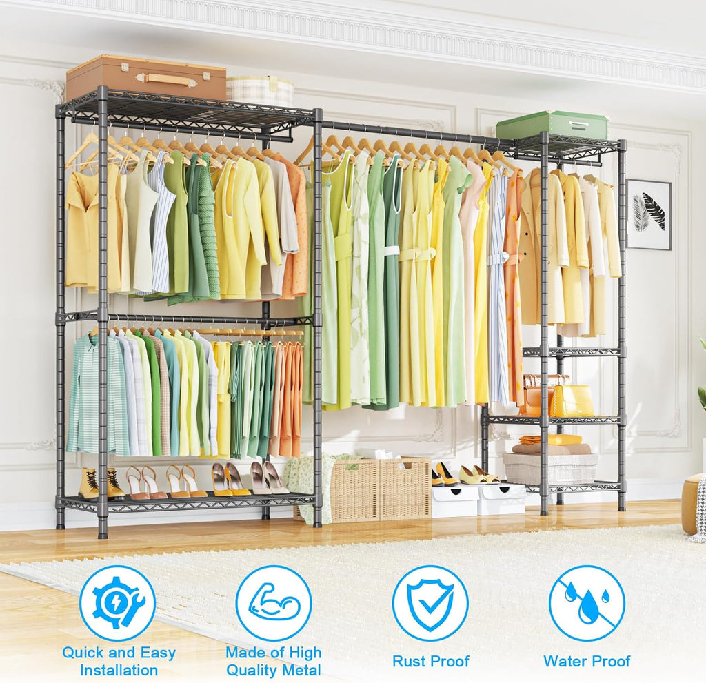 Ulif E10 (With Stretchable Hanger Rod) and E12C (With Black Dustproof Cover) Heavy Duty Closet Organizer System, Freestanding Clothing Rack for Hanging Clothes, Adjustable Garment Rack