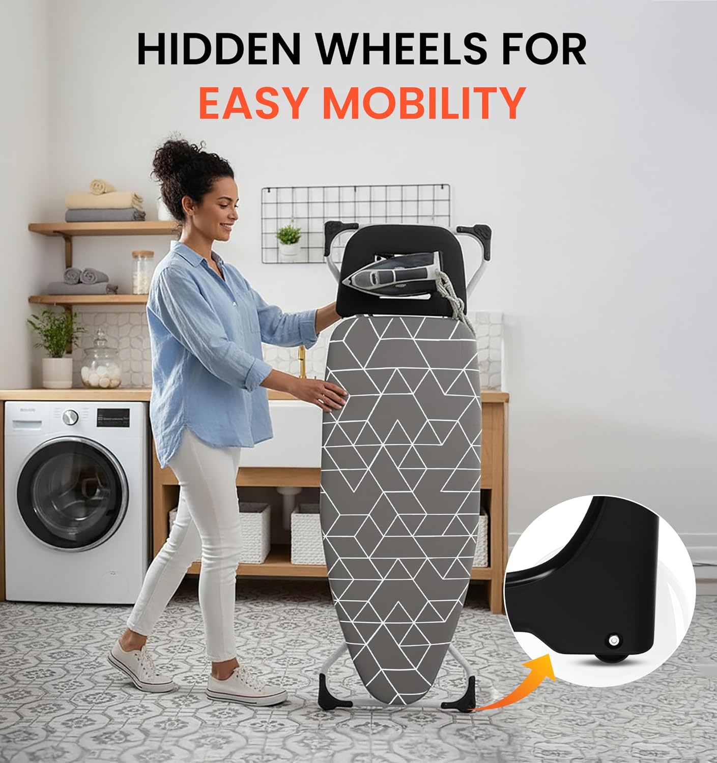 Xabitat Extra Wide Ironing Board 60' X 20' with Wheels & Wall Mount Hanger | Full Metal Iron Board | Built in Iron Caddy | Heat & Scorch Resistant Cover| Heavy Duty | Wide Leg
