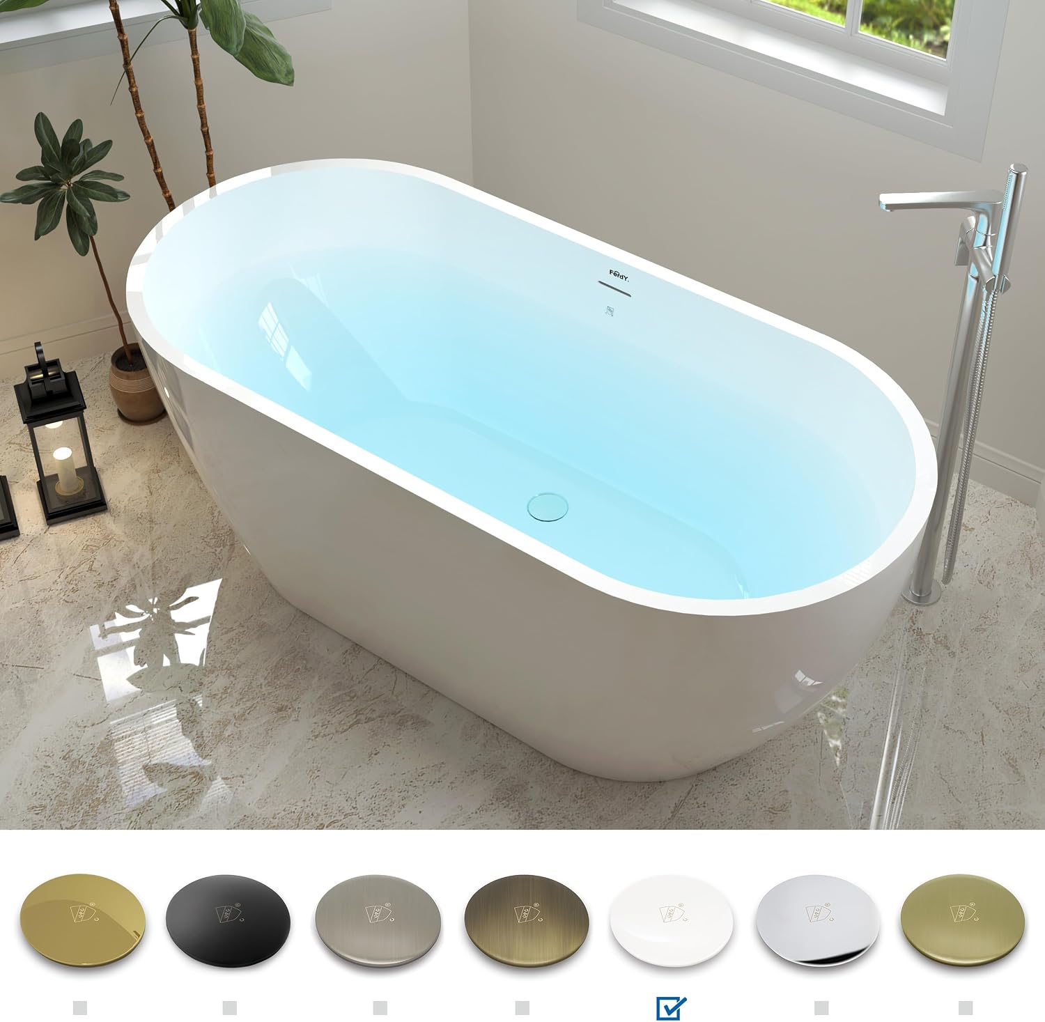 FerdY 59' Bali Acrylic Freestanding Bathtub, Gracefully Shaped Freestanding Soaking Bathtub, cUPC Certified, Toe-Tap Polished White Drain and Minimalist Linear Design Overflow Included