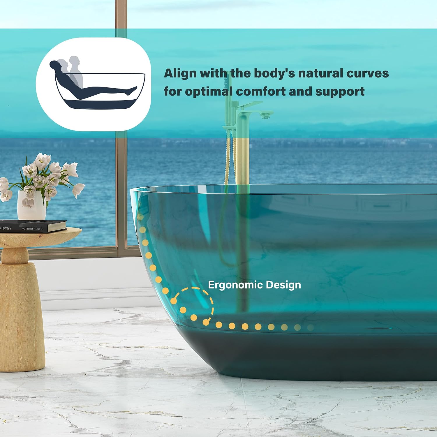 CASAINC 59' Soaking Tub Transparent Resin Freestanding Bathtub Modern Oval Design Stand Alone Tub with Pop-up Drain, 66.56 Gallons Water Storage Capacity 415 MM Soaking Depth, Transparent Sea Blue