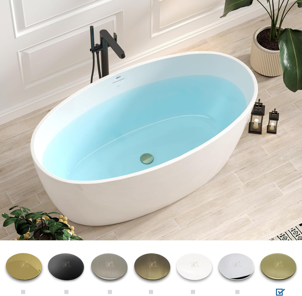 FerdY 59' Acrylic Freestanding Bathtub, Contemporary Soaking tub with cUPC Certified, Elegant Oval Shape, Brushed Gold Drain, Tahiti