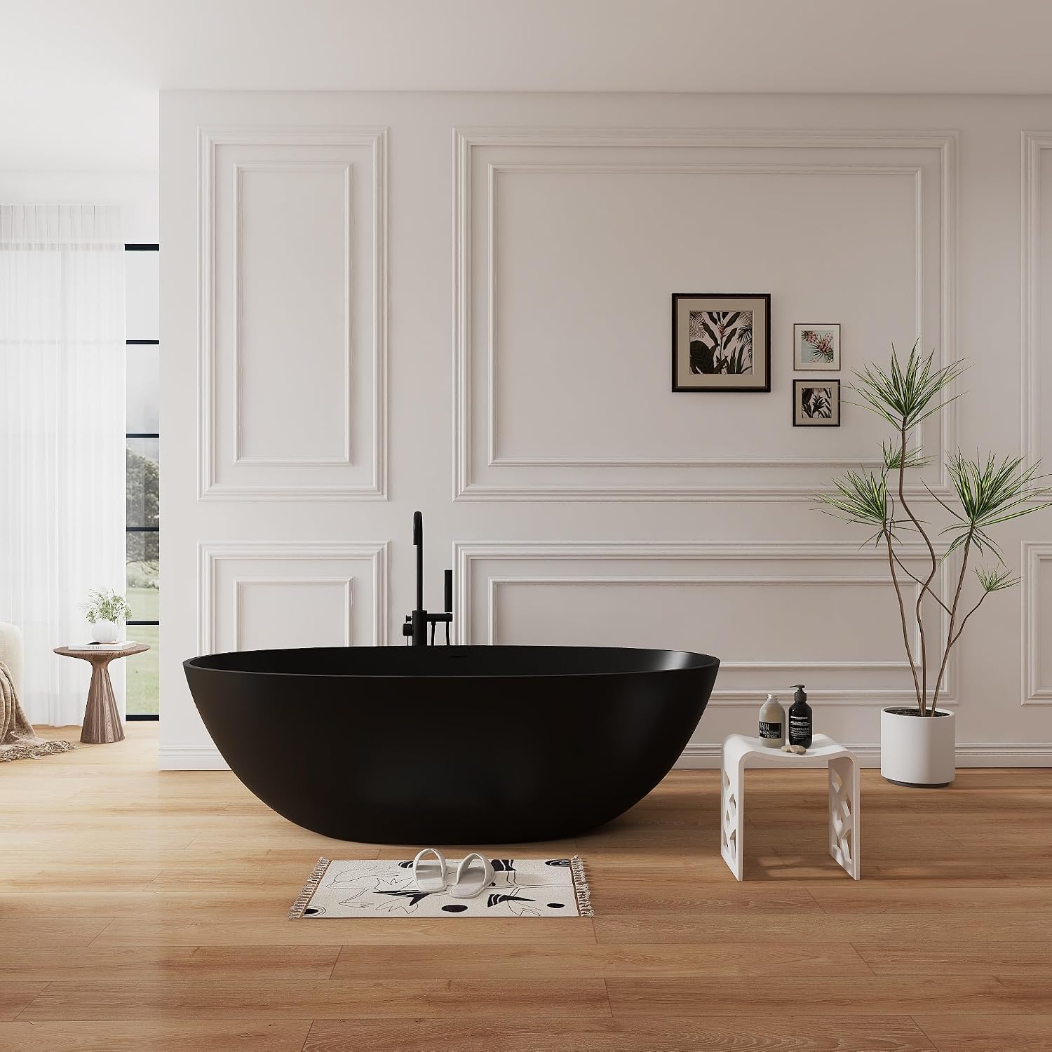 71' Premium Solid Surface Freestanding Bathtub,Oval Shape Stone Resin Soaking Tub with Overflow and Pop-up Drain, Matte Black