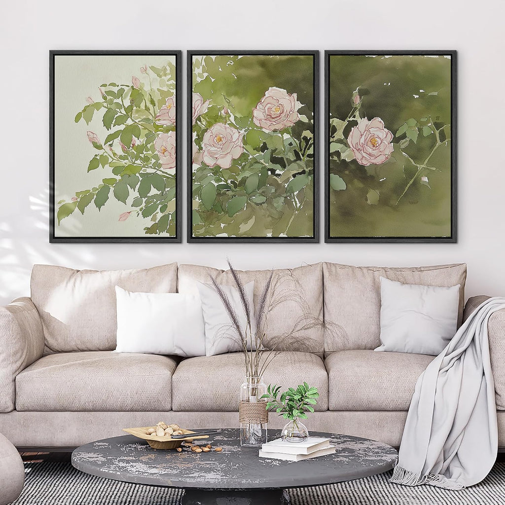 wall26 Framed Print Wall Art Set Blush Pink Rose Garden Botanical Decorative Minimal Relax/Zen for Living Room, Bedroom, Office - 16'x24'x3 BLACK