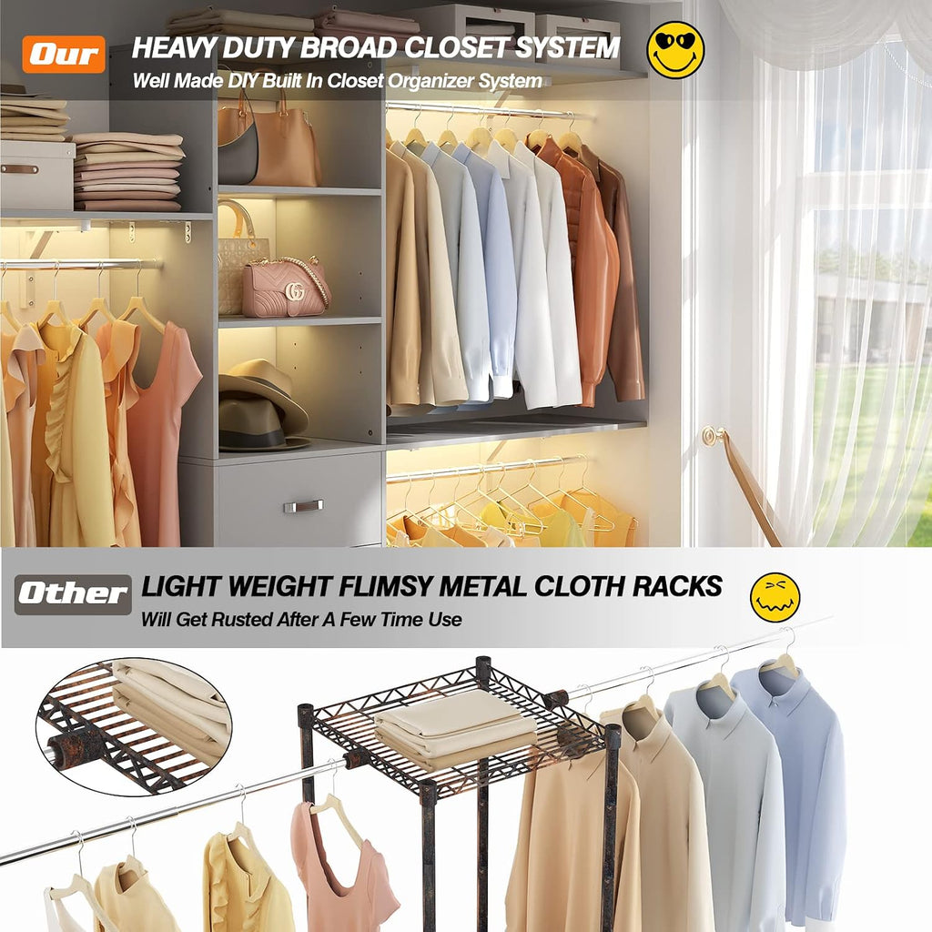 Armocity 96' Wood Closet System with 3 Enclosed Drawers & 3 Solid Shelves, 8FT Adjustable Closet Organizers and Storage, Heavy Duty Modular Wardrobe for Reach-In & Walk-In, 1000 LBS Load, Grey