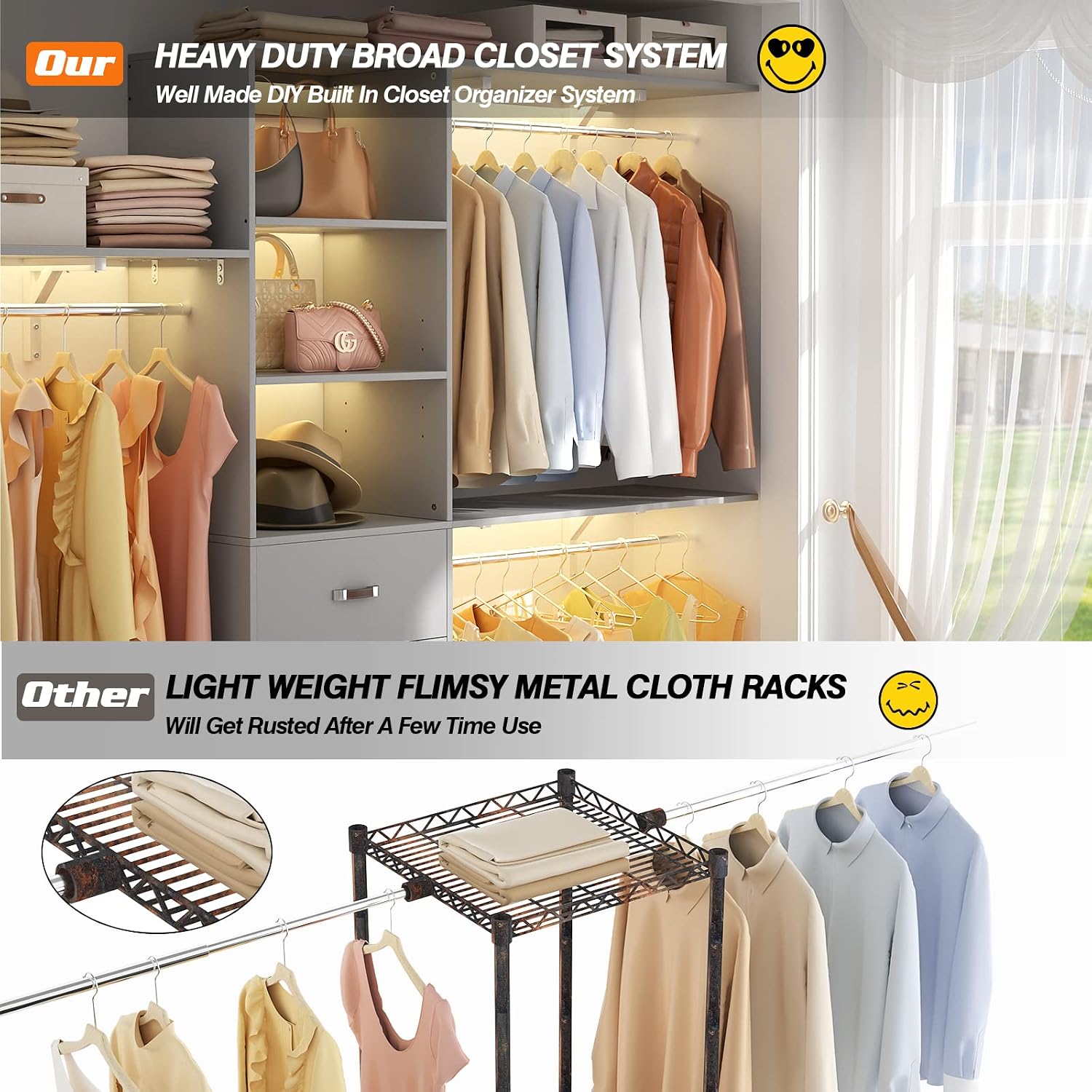 Armocity 96' Wood Closet System with 3 Enclosed Drawers & 3 Solid Shelves, 8FT Adjustable Closet Organizers and Storage, Heavy Duty Modular Wardrobe for Reach-In & Walk-In, 1000 LBS Load, Grey