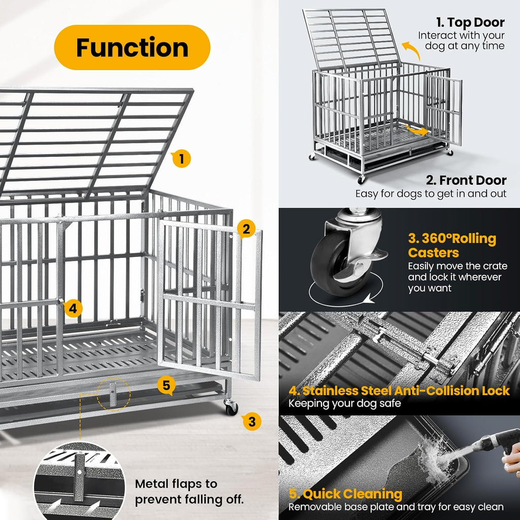 Oranland 38 inch Heavy Duty Indestructible Dog Crate,2025 New Upgraded Reinforced Baseplate for Large Dogs,XL Dog Crate for High Anxiety Dogs/Max Load Capacity 200lbs/Double Door with Wheels（Silver）