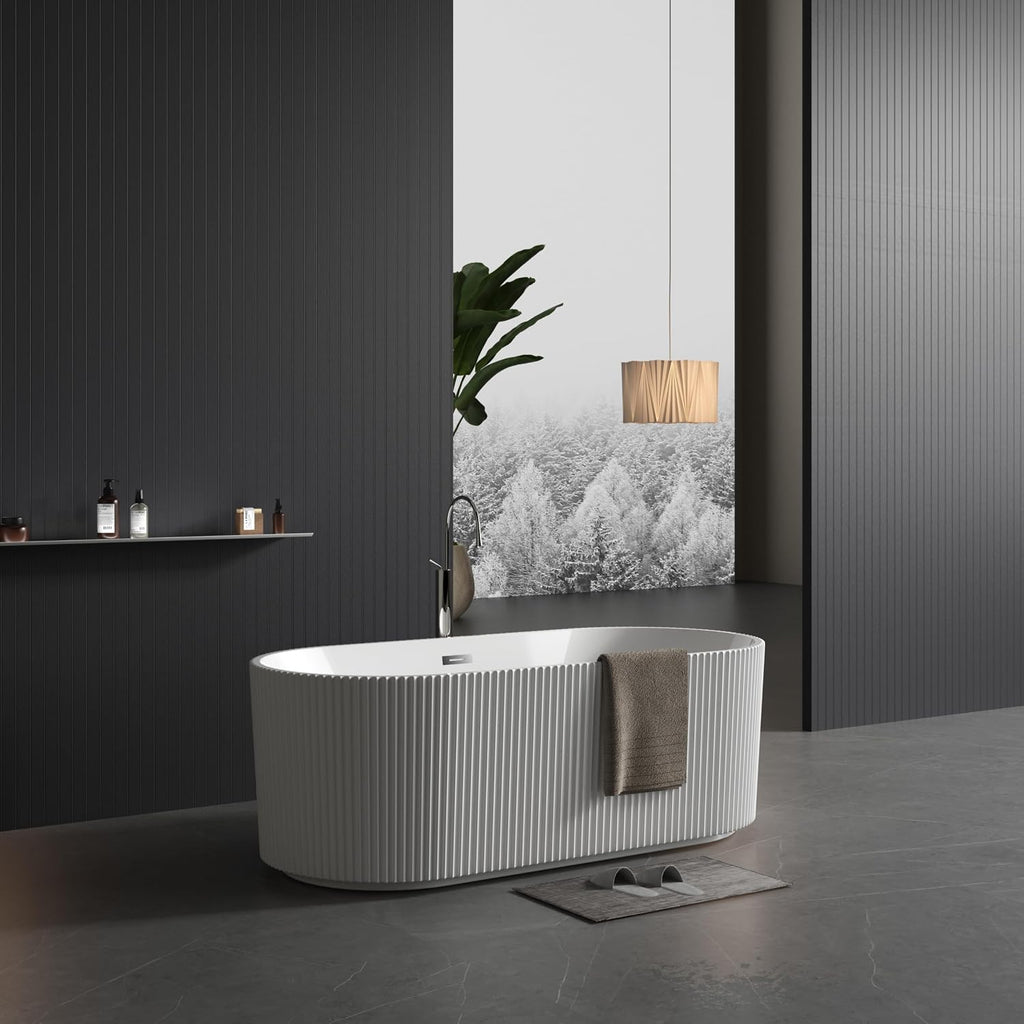 67' Modern Freestanding Bathtub,V Shape Freestanding Soaking Acrylic Bathtub,Unique Design Pleated Tub with Chrome Drain and Classic Slotted Overflow,Cupc Certified,Gloss White