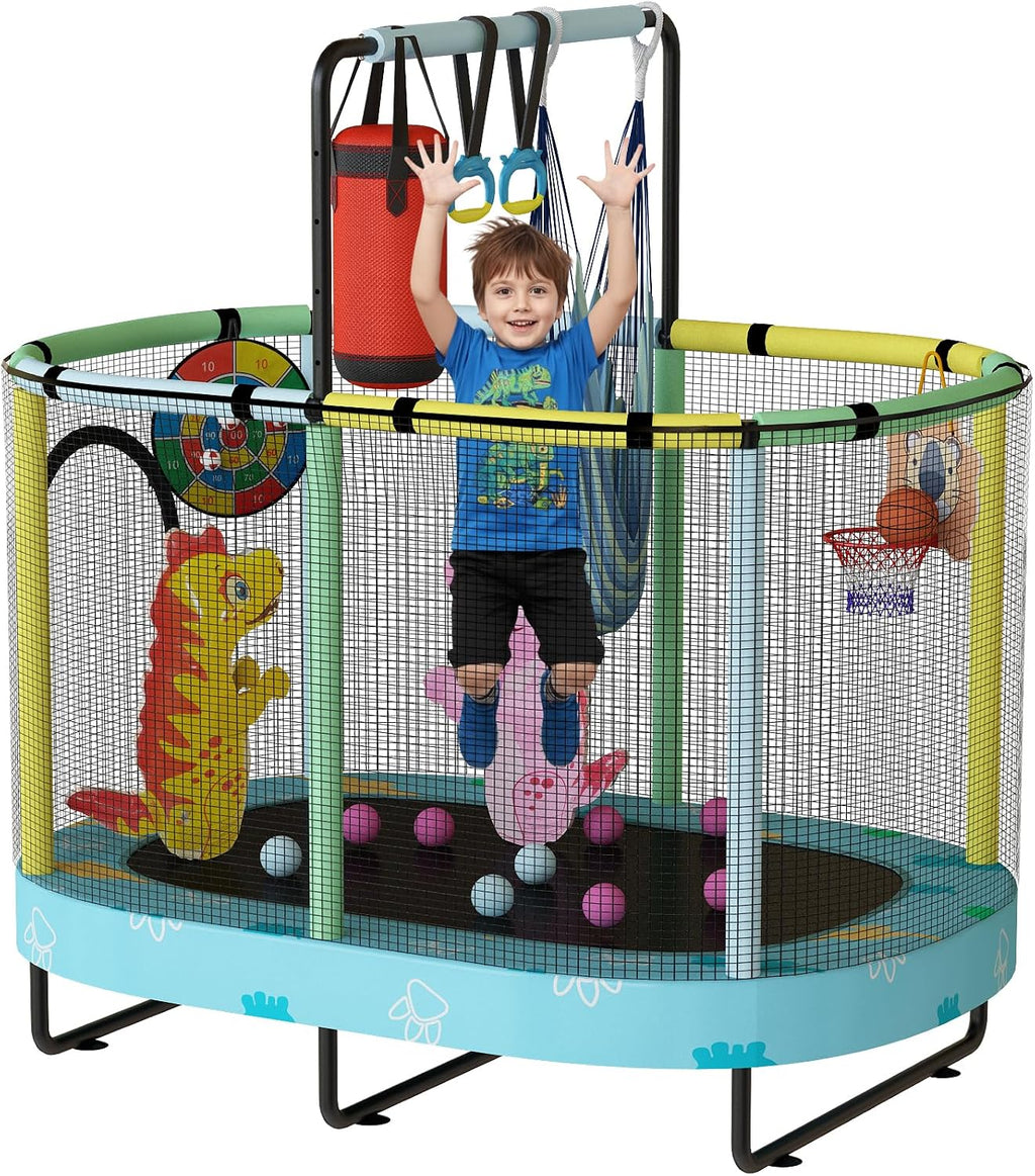Lamerge Kids Trampoline, Indoor Trampoline Approved by ASTM, Safety Enclosure Net and Adjustable Handrail, 1-8 Children, 500lbs Capacity, 7-in-1, 60'