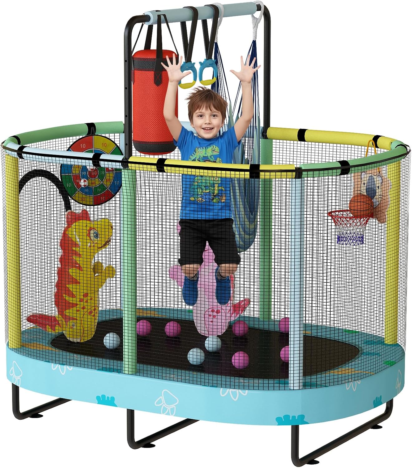 Lamerge Kids Trampoline, Indoor Trampoline Approved by ASTM, Safety Enclosure Net and Adjustable Handrail, 1-8 Children, 500lbs Capacity, 7-in-1, 60'