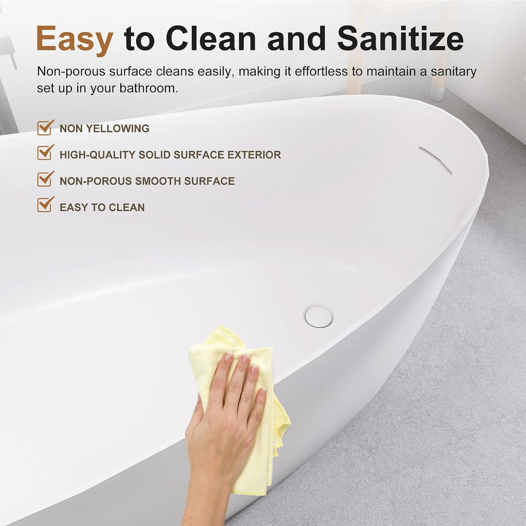 SJ STAR&JANE 65' Solid Surface Freestanding Bathtub, Matte White Oval Soaking Stone Resin Tub with Overflow and Pop-up Drain for Modern Bathrooms