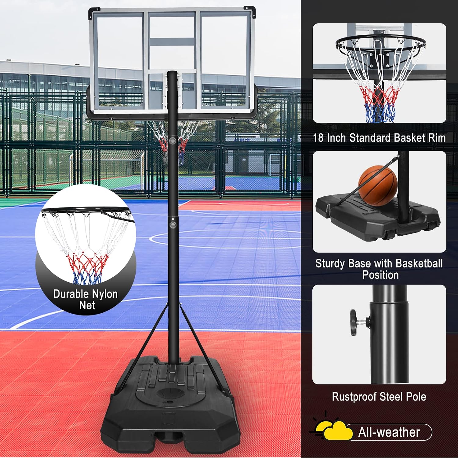 Basketball Hoop, 6.5-10ft Adjustable Height Basketball Hoop Outdoor, Basketball Hoop Indoor Portable Basketball Hoop Goal Court System with 44 Inch Backboard and Basketball Net