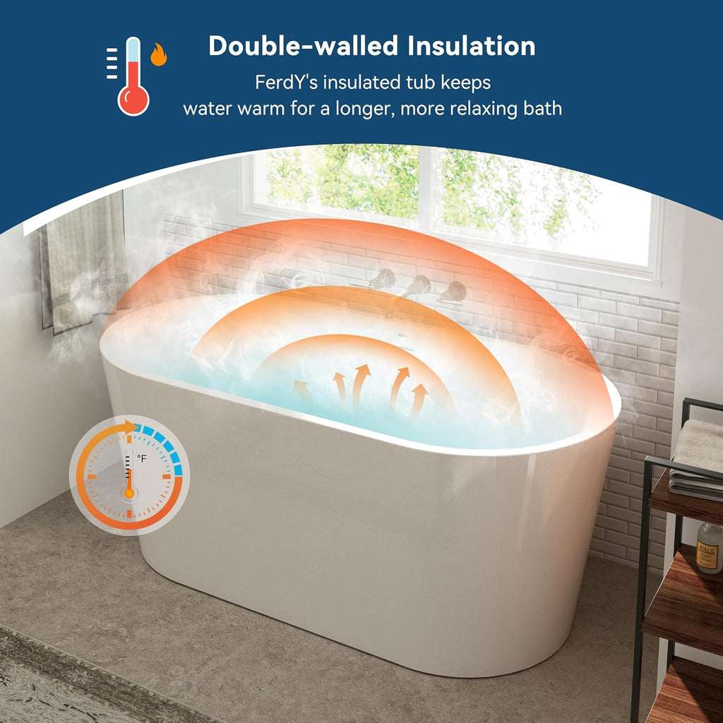 FerdY Shangri-La 55' Acrylic Freestanding Bathtub, Classic Oval Shape Soaking Bathtub with Toe-Tap Chrome Drain and Classic Slotted Overflow Included, Modern White, cUPC Certified