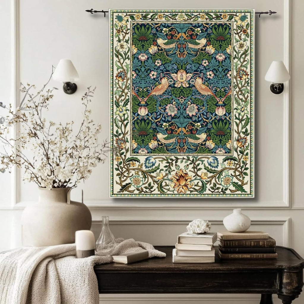 ORIMONY William Morris Strawberry Thief Tapestry - Vintage Floral Bird Art, Medieval Jacquard Woven Tapestry Wall Hanging for Living Room & Bedroom Size 27'x35' (Royal Blue)