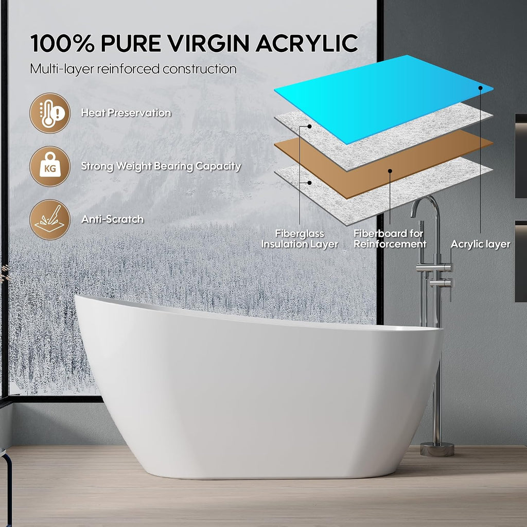 WELLFOR 59-Inch Freestanding Glossy White Acrylic Bathtub with Chrome Bathtub Drain and Integrated Slotted Overflow, Freestanding Soaking Bathtub Glossy White, Acrylic Soaking Tub (Glossy White)