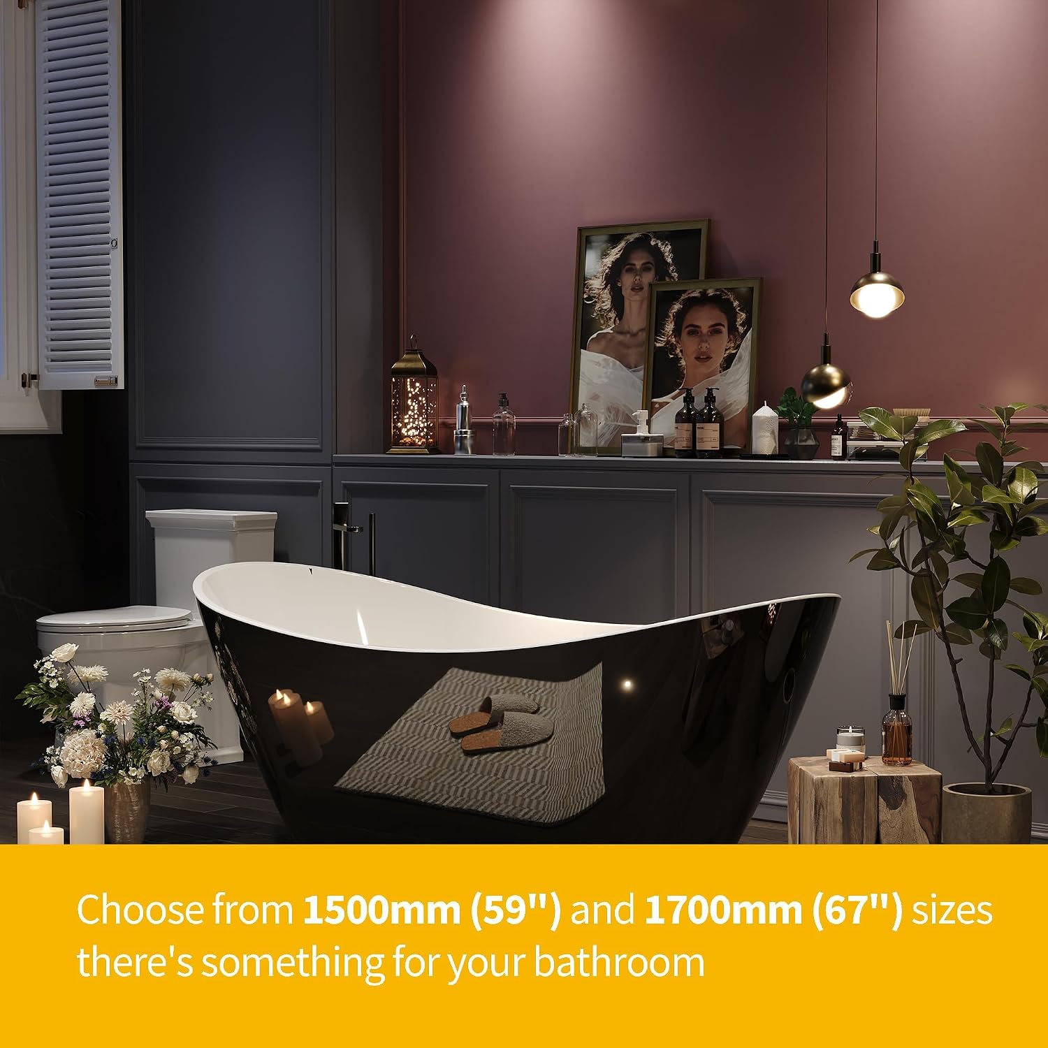 67' Freestanding Acrylic Bathtub, Deep Soaking Tub with Non-Slip Base & Chrome Drain, cUPC Certified, Easy Install, Space-Saving Bathtub, Modern Tub for Bathrooms, Black Ingot