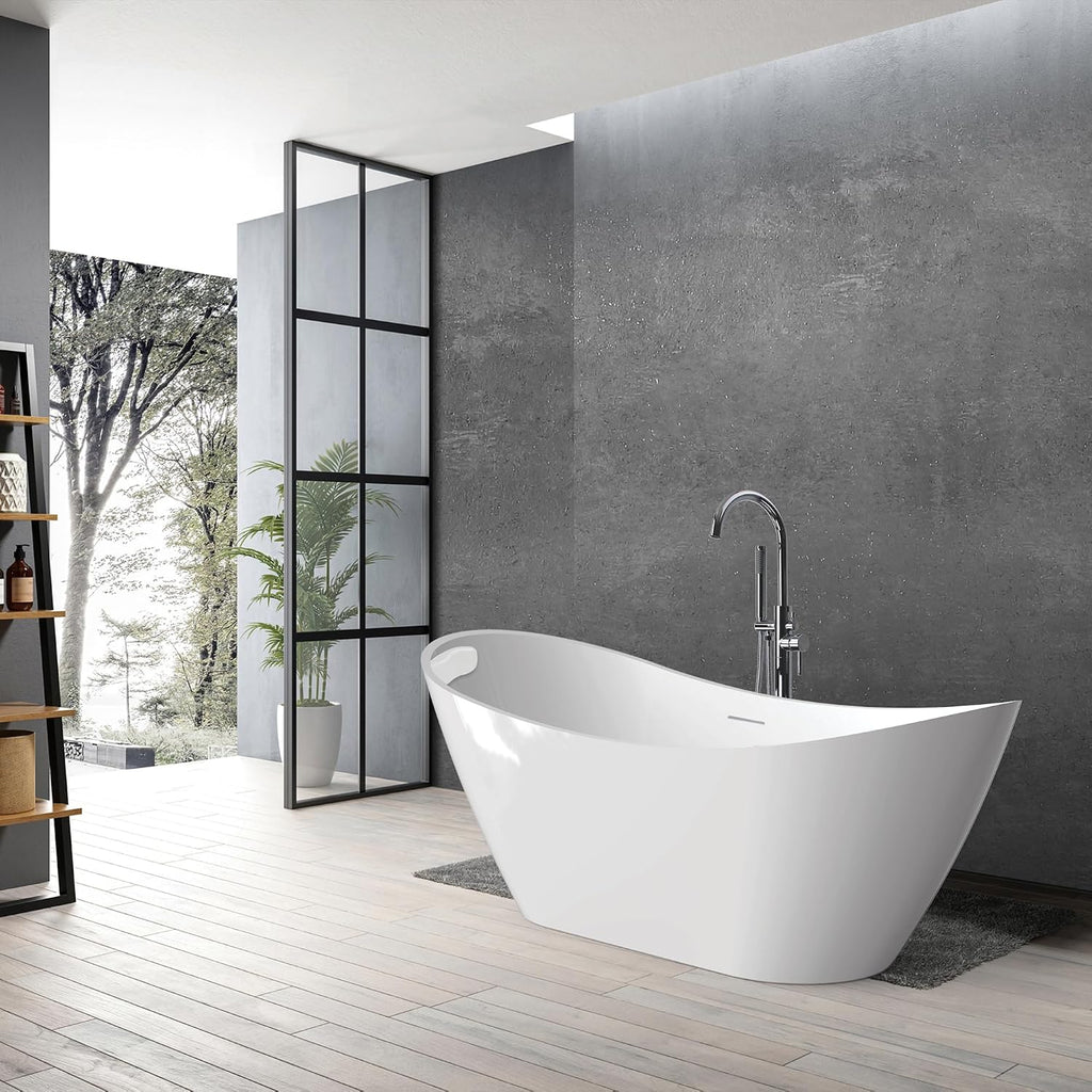 Transolid Skylar Freestanding Oval Soaking Bathtub Kit 59 in. x 31 in. Gloss White with Peyton T4240-MB Matte Black Floor-Mount Faucet, Color-Matched EZ-Click Center Drain and Bath Pillow