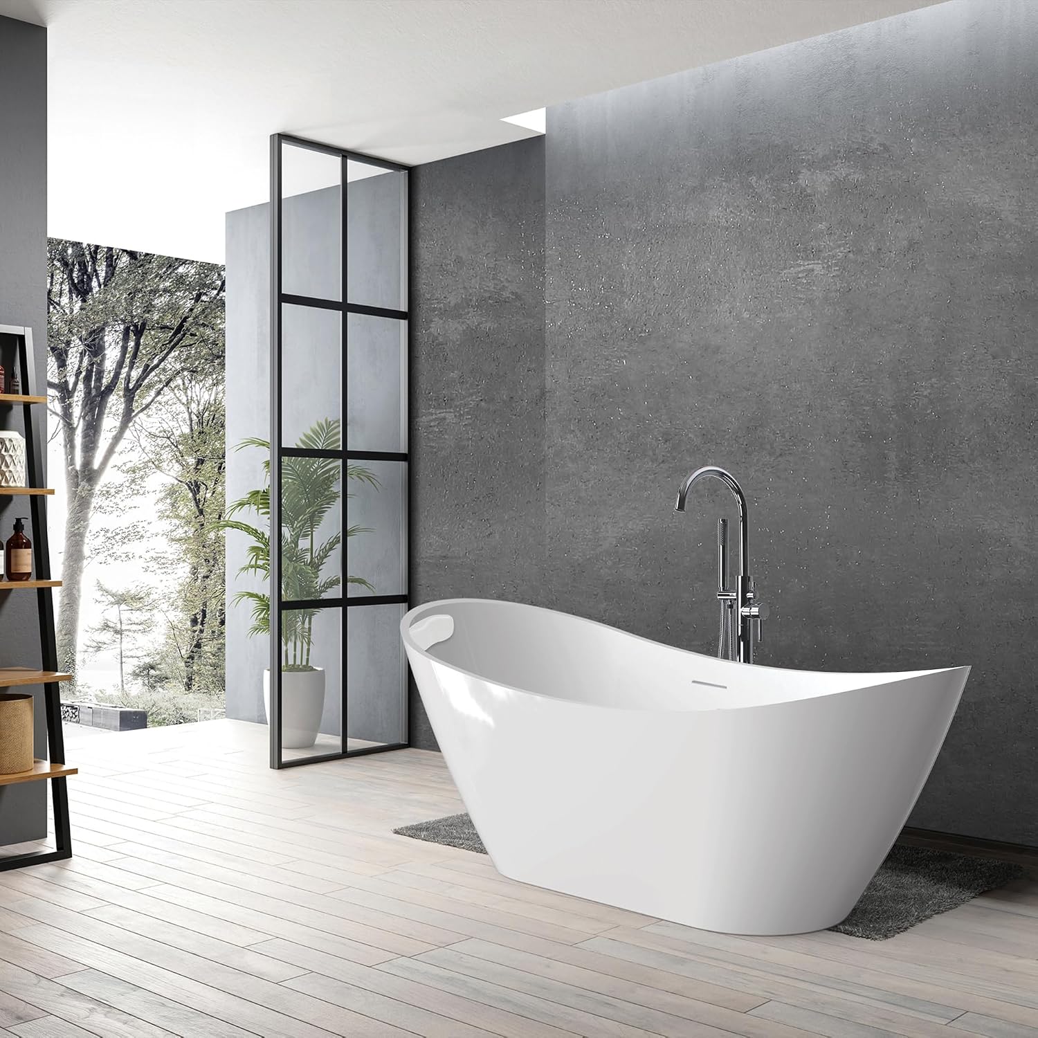 Transolid Skylar Freestanding Oval Soaking Bathtub Kit 59 in. x 31 in. Gloss White with Peyton T4240-MB Matte Black Floor-Mount Faucet, Color-Matched EZ-Click Center Drain and Bath Pillow
