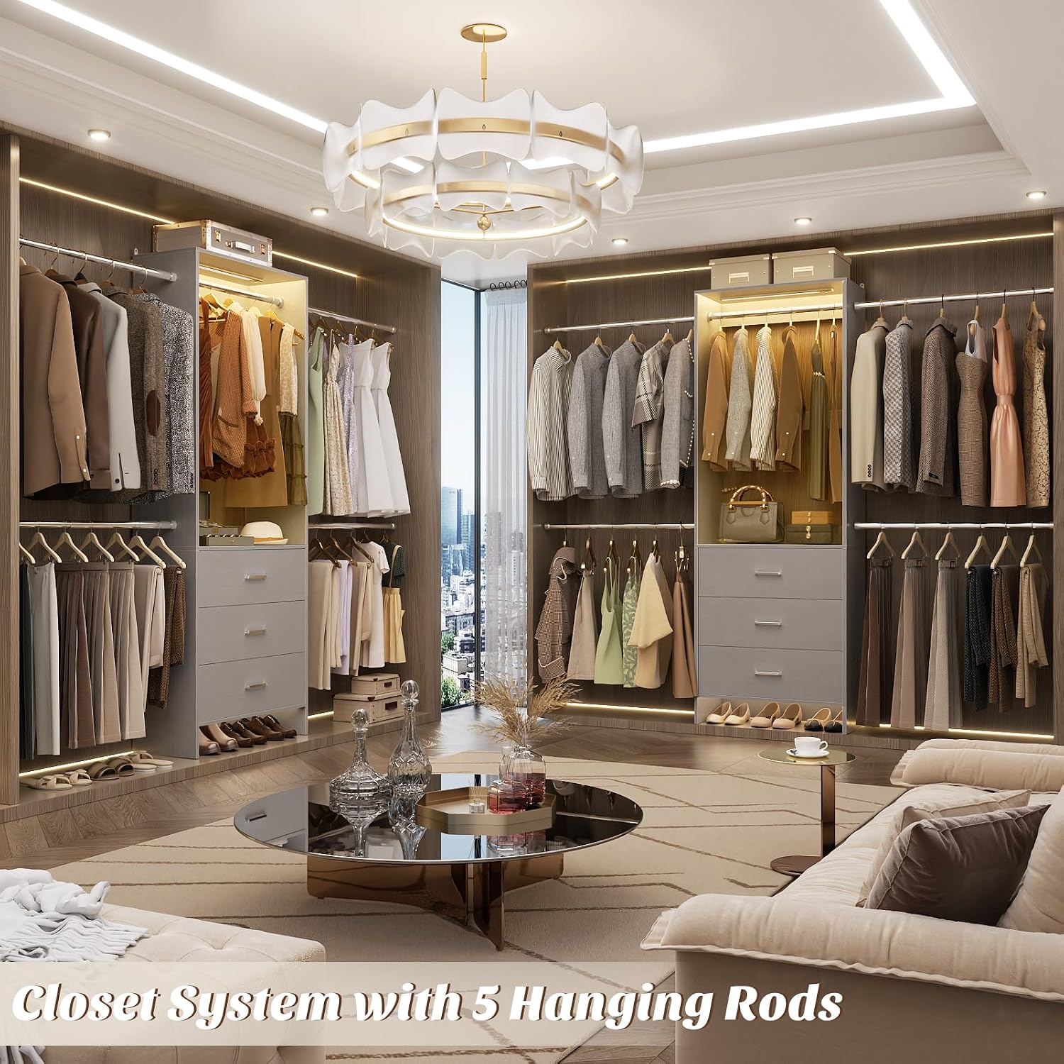 Aheaplus Closet System with Motion-Sensing Light, 3 Wooden Drawers and 4 Hanging Rods, Customizable Walk-in Closet Organizer with 3CCT LED, Heavy Duty Garment Rack for Bedroom,Grey