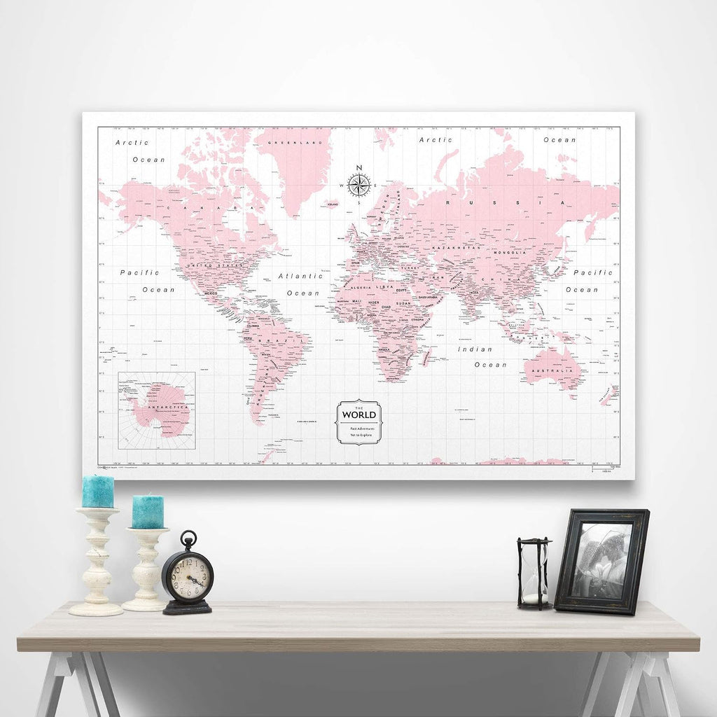 Push Pin World Map Board - With Push Pins to Mark World Travel - Handmade in Ohio, USA - Design: Pink Color Splash