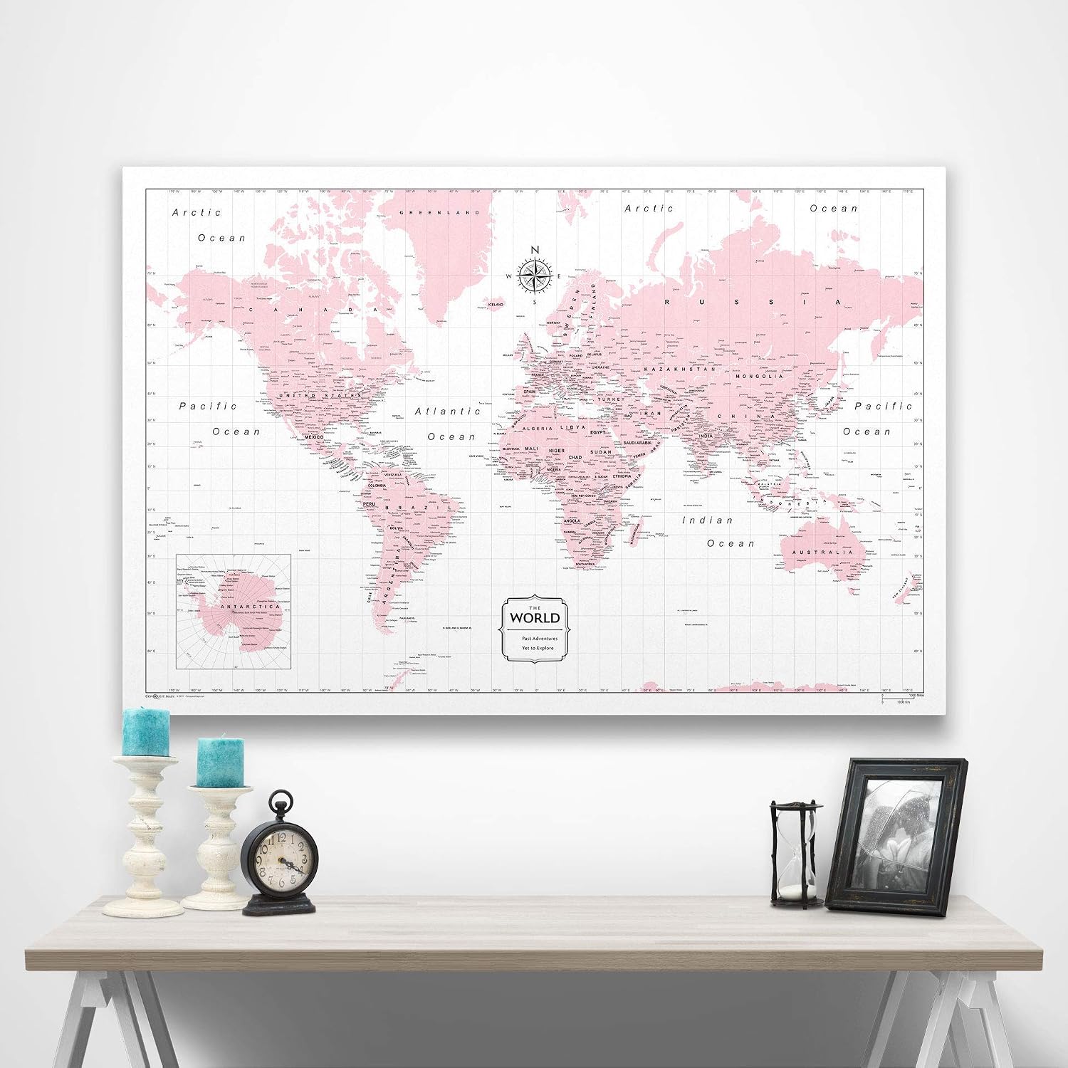Push Pin World Map Board - With Push Pins to Mark World Travel - Handmade in Ohio, USA - Design: Pink Color Splash
