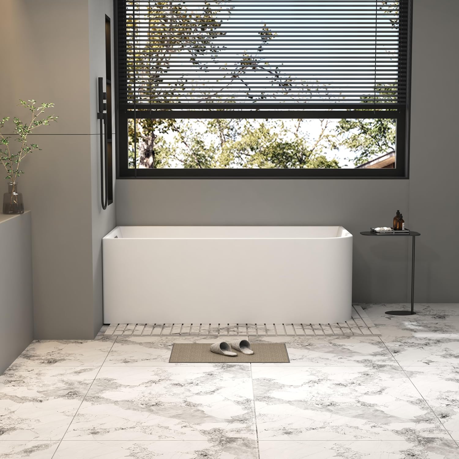 59 Inch Large Corner Bathtub with Pop-Up Left Hand Drain&Overflow