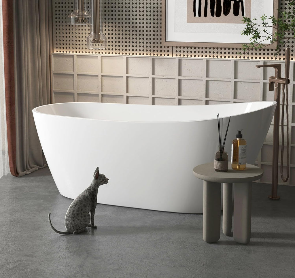 Acrylic Freestanding Contemporary Soaking Tub A29-59 Series 59' Bathtub White Modern Stand Alone Tub with Overflow and Pop-up Drain