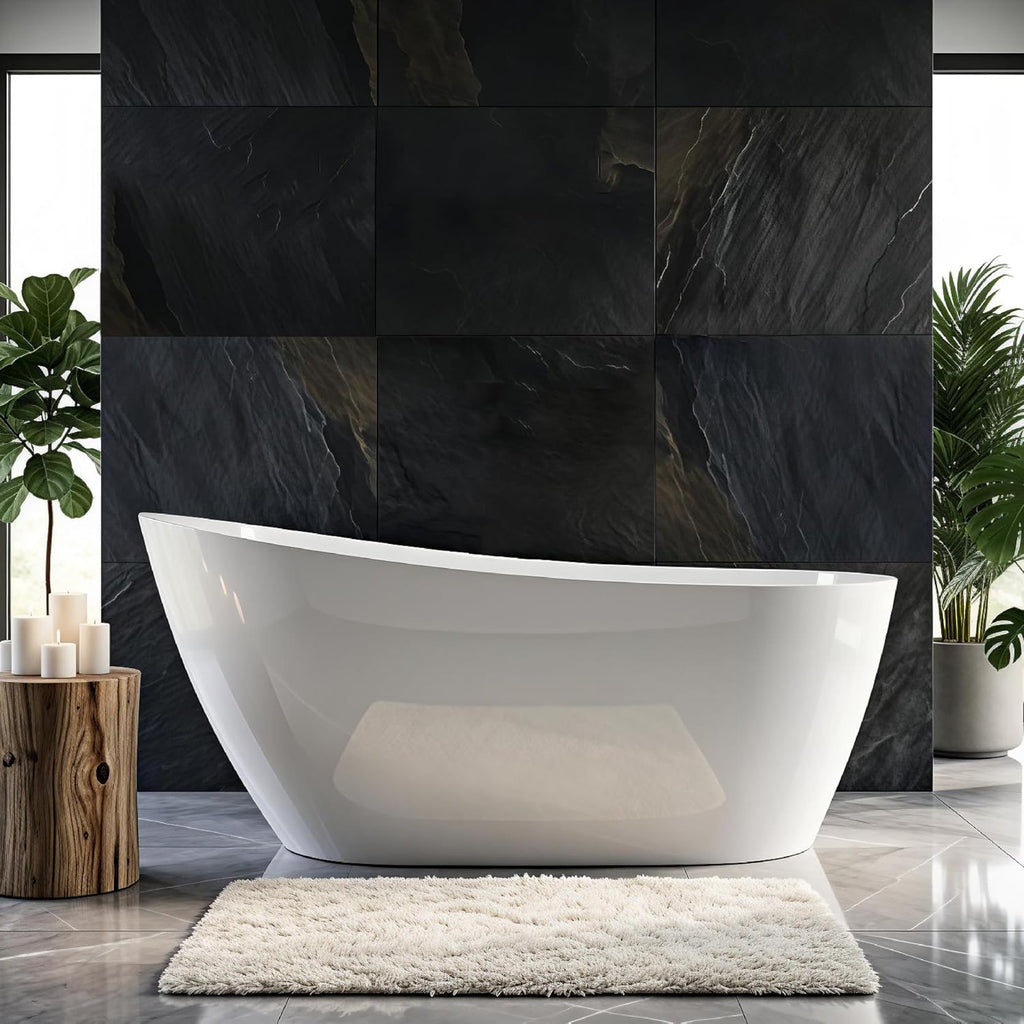 Transolid Freestanding Soaking Acrylic Bathtub with Center Drain | Bath Pillow | Non-Porous Acrylic | 10-Year Warranty (Gloss White, 59' Aaliyah)